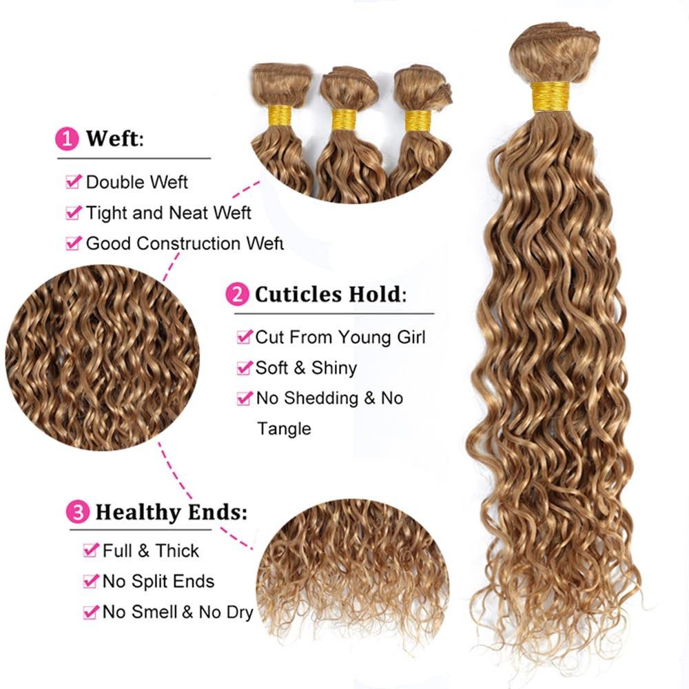 34 Inch Raivide Color 27 Bundle Honey Blonde Water Wave Human Hair Bundles