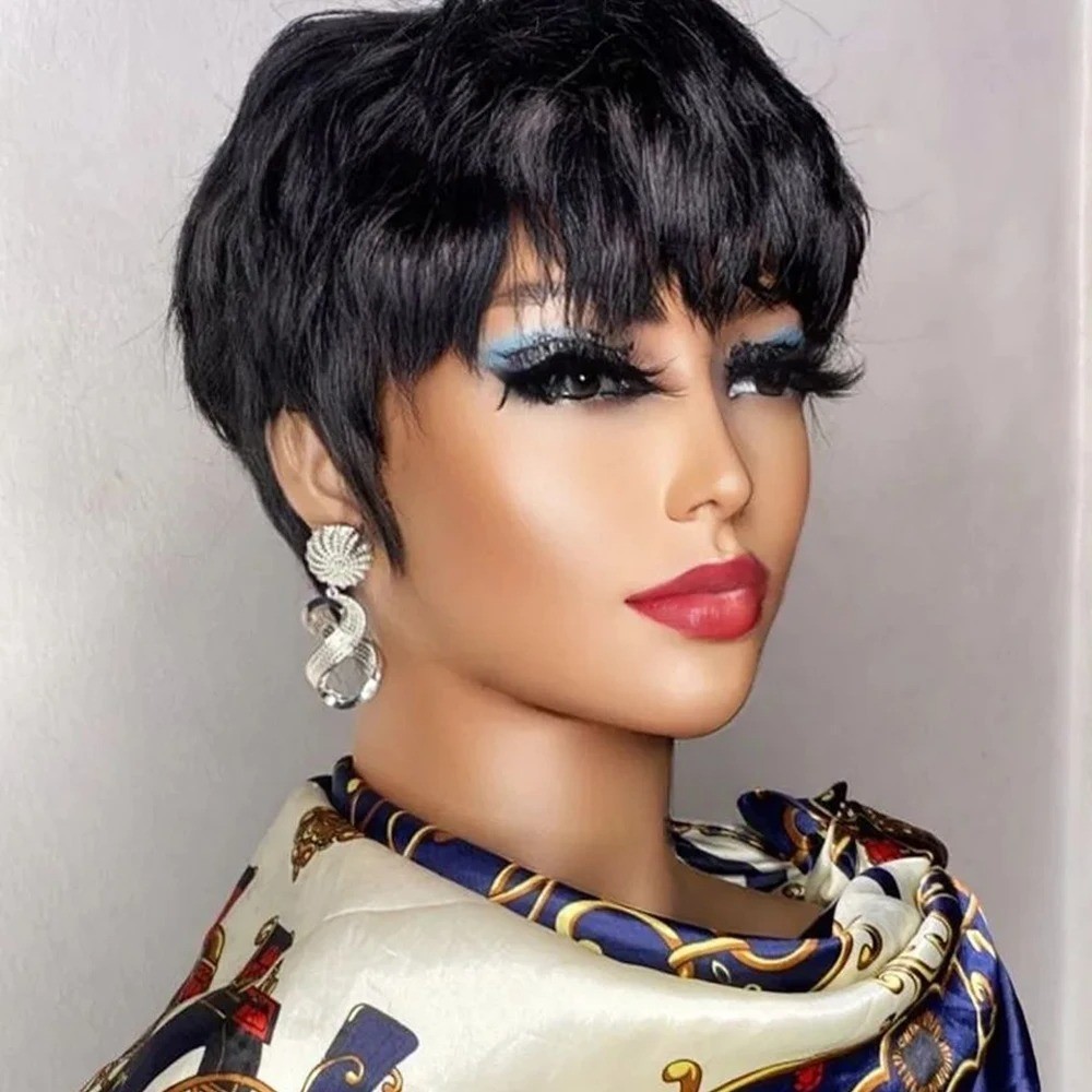 Brown Short Pixie Cut Wig Human Hair For Black Women Machine Made Wigs With Bang