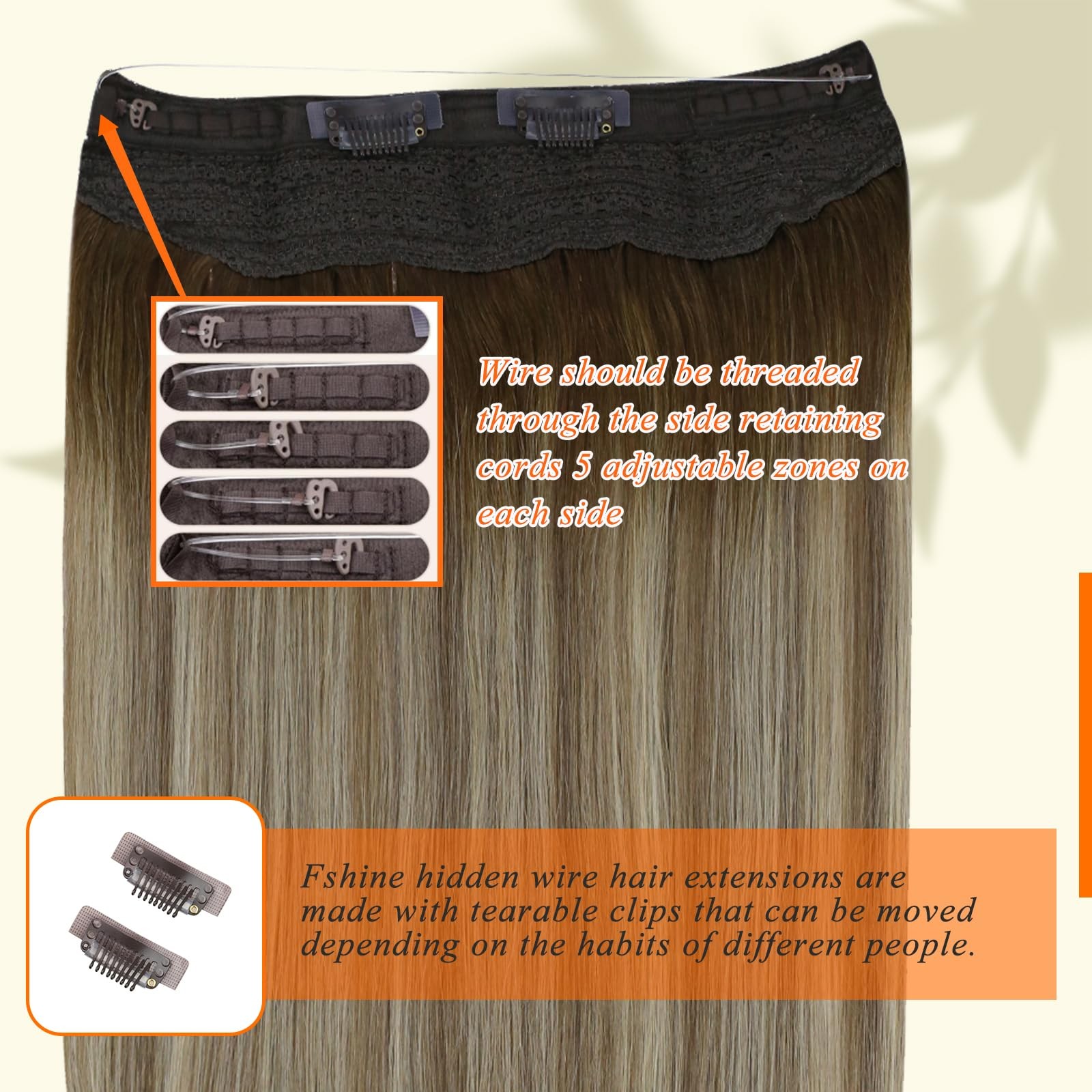 20 Inch Balayage Brown Blonde Real Human Hair Wire Extensions Easy Install
