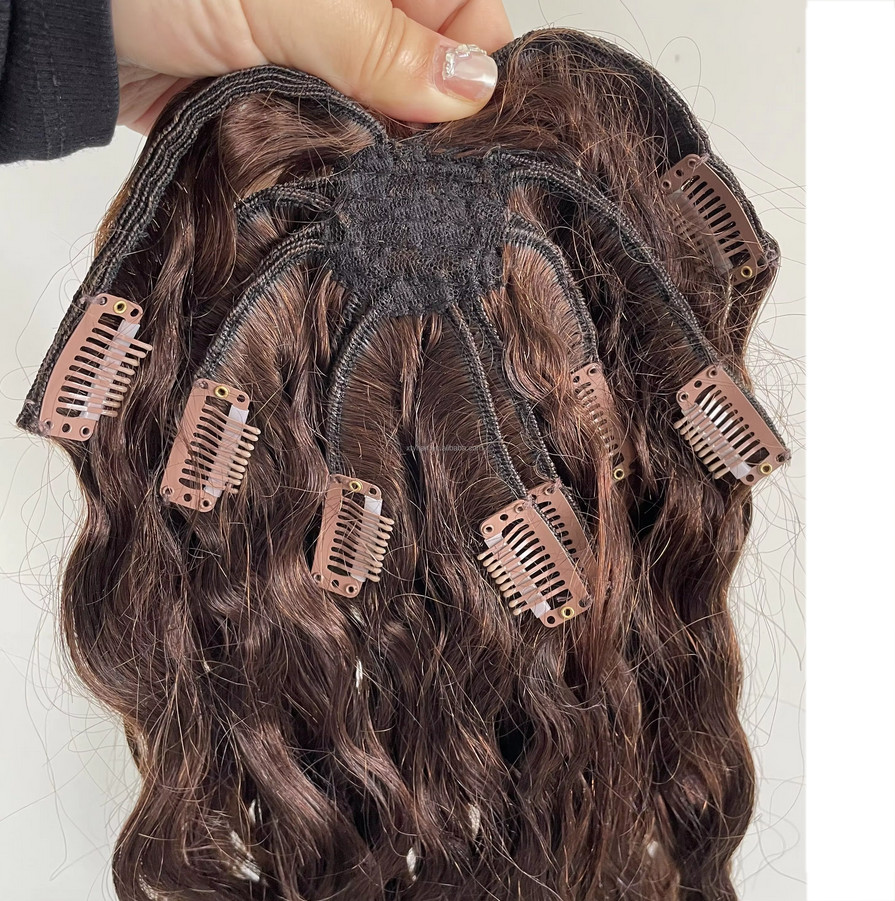 Wavy Hair Invisible Octopus Clips inRemy Human Handtied Butterfly Wefts Topper