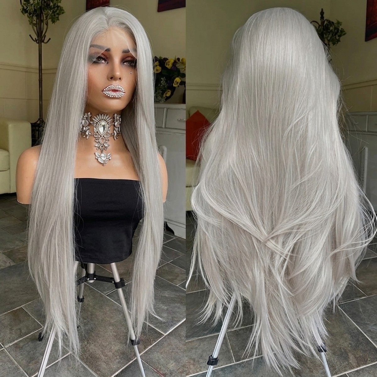 Silver gray Soft Long Straight Lace Frontal Wigs Heat Resistant Hair