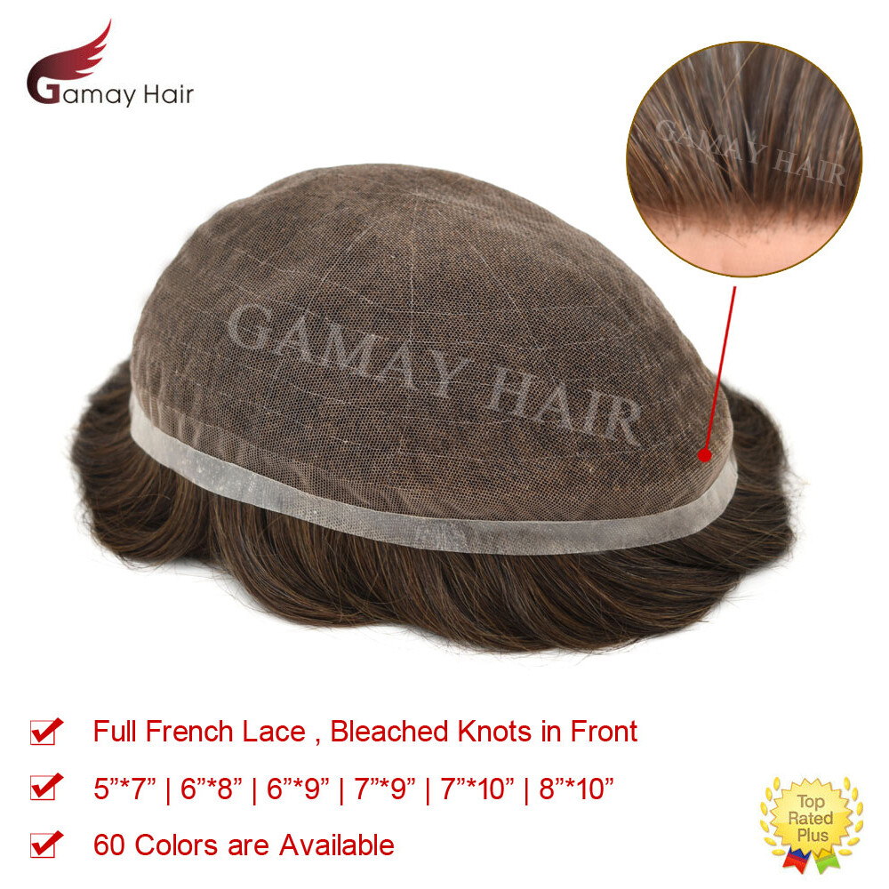 Full French Lace Mens Toupee Hairpiece Bleached Human Hair Replacement System US
