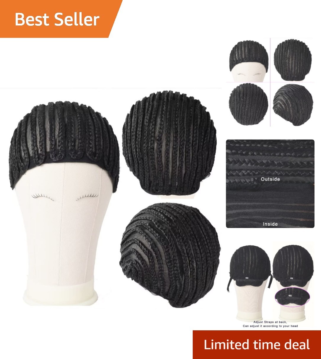 Breathable Black Braided Wig Cap with Adjustable Straps & 2 Combs for Secure Fit