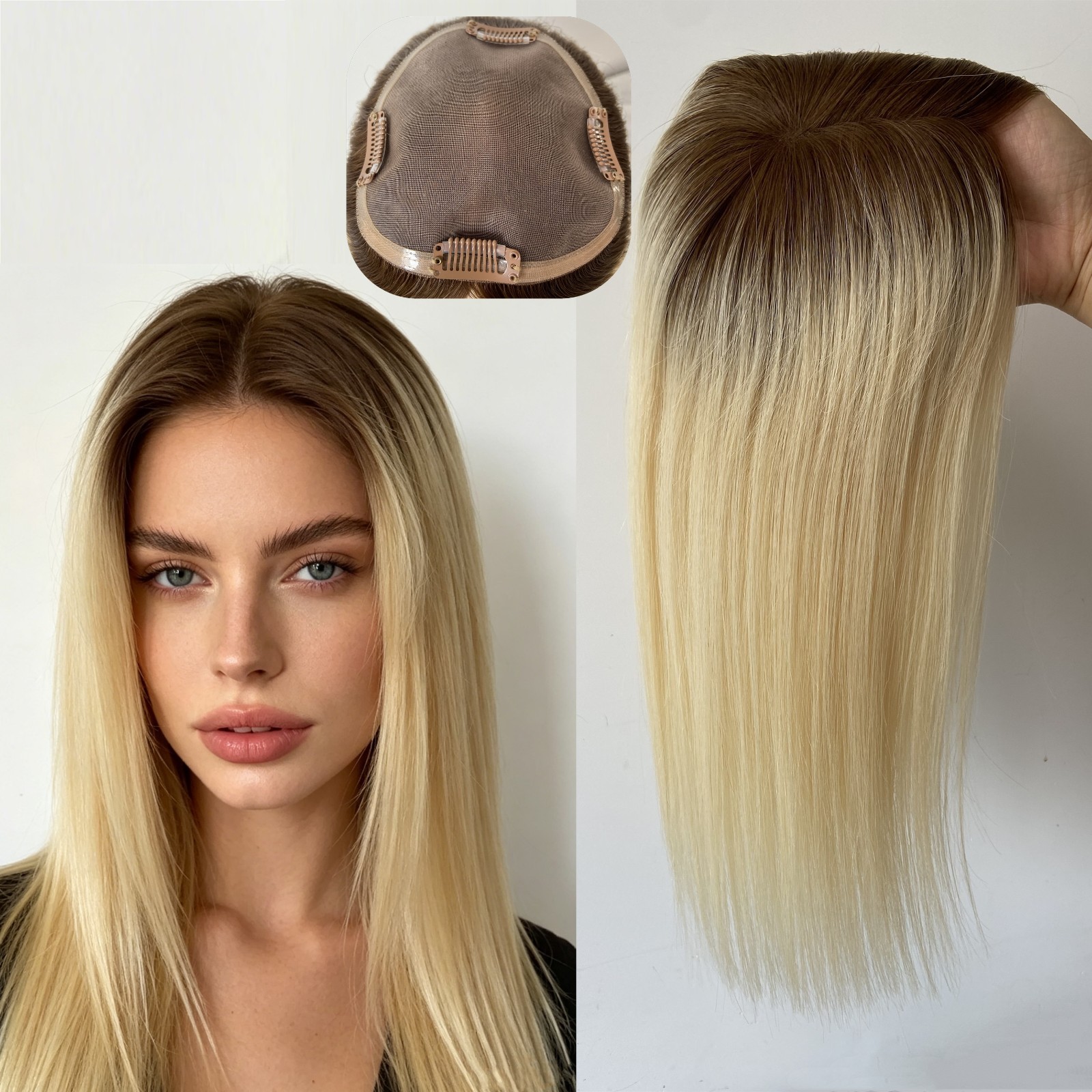 100% HUMAN RUSSIAN HAIR 5″x5″ BLONDE TOPPER BROWN ROOTED OMBRE HAIRPIECE
