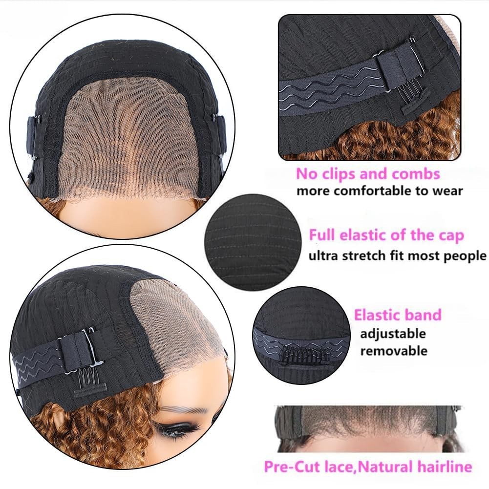 14″ Kinky Curly Glueless Wig Ombre Highlight 4/27, Pre-Cut Lace, Human Hair, 200