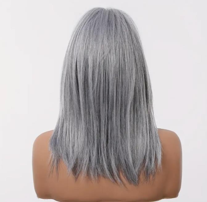 12″ Short Wavy Straight Grey Hair Wigs for Women Synthetic Heat Resistant Wigs