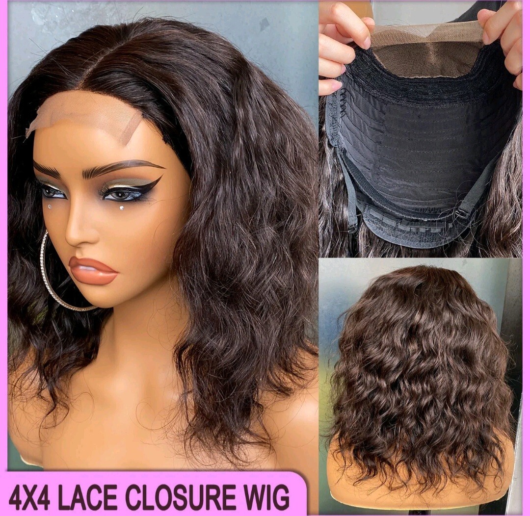 10INCH BRAZILIAN 4X4 TRANSPARENT LACE WIG NATURAL WAVES 180% DENSITY NATURAL 1B#