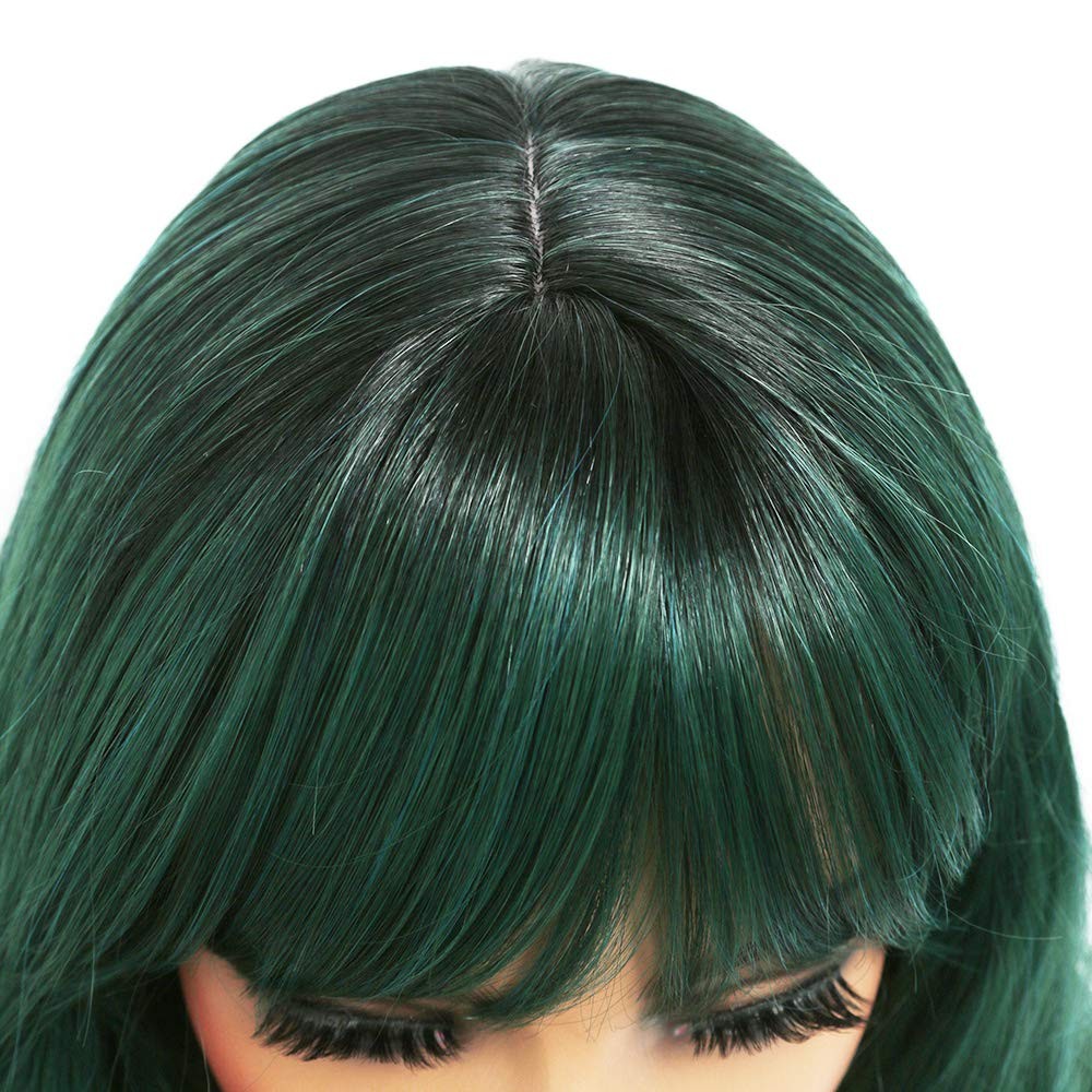 Green Wig with Bangs Blue Color Wig Wet and Wavy Long Loose Curly Wave Synthe…
