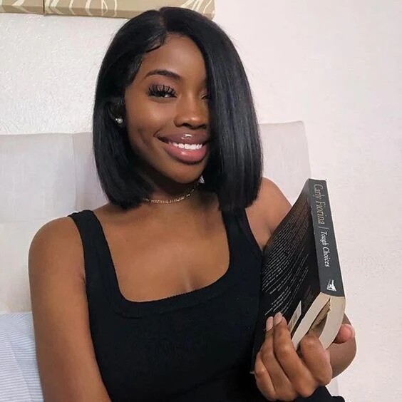 Black Full Head Cover Wig Short Bob Synthetic Lace Front Wigs Daily Use Natural