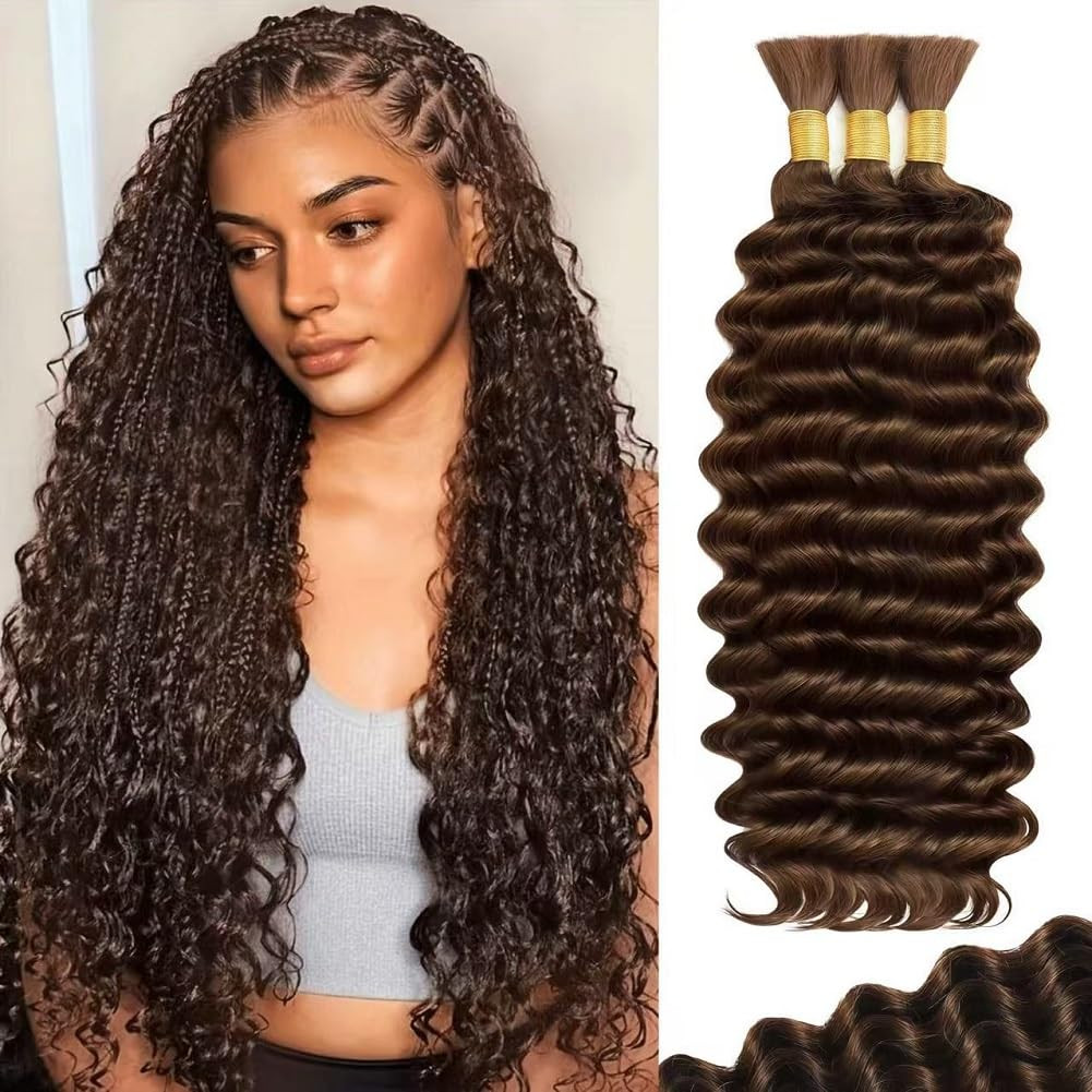 100% Human Boho Braiding Hair Deep Wave Bulk No Weft 18″ #4 Brown 3 Bundles