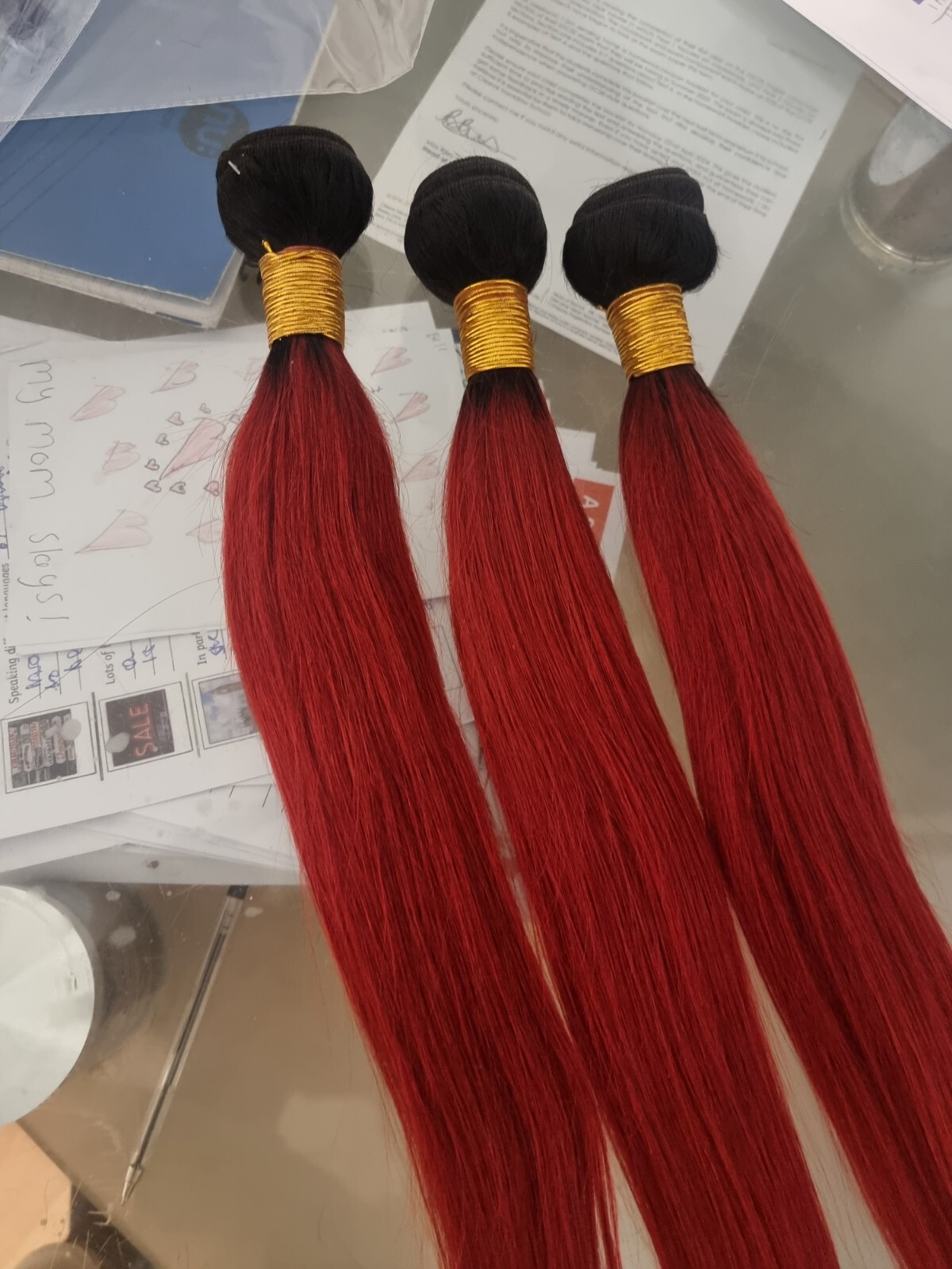 12AA 18+20+22INCH 3BUNDLES REAL PERUVIAN OMBRE STRAIGHT HAIR 2TONES 1b/RED 300g