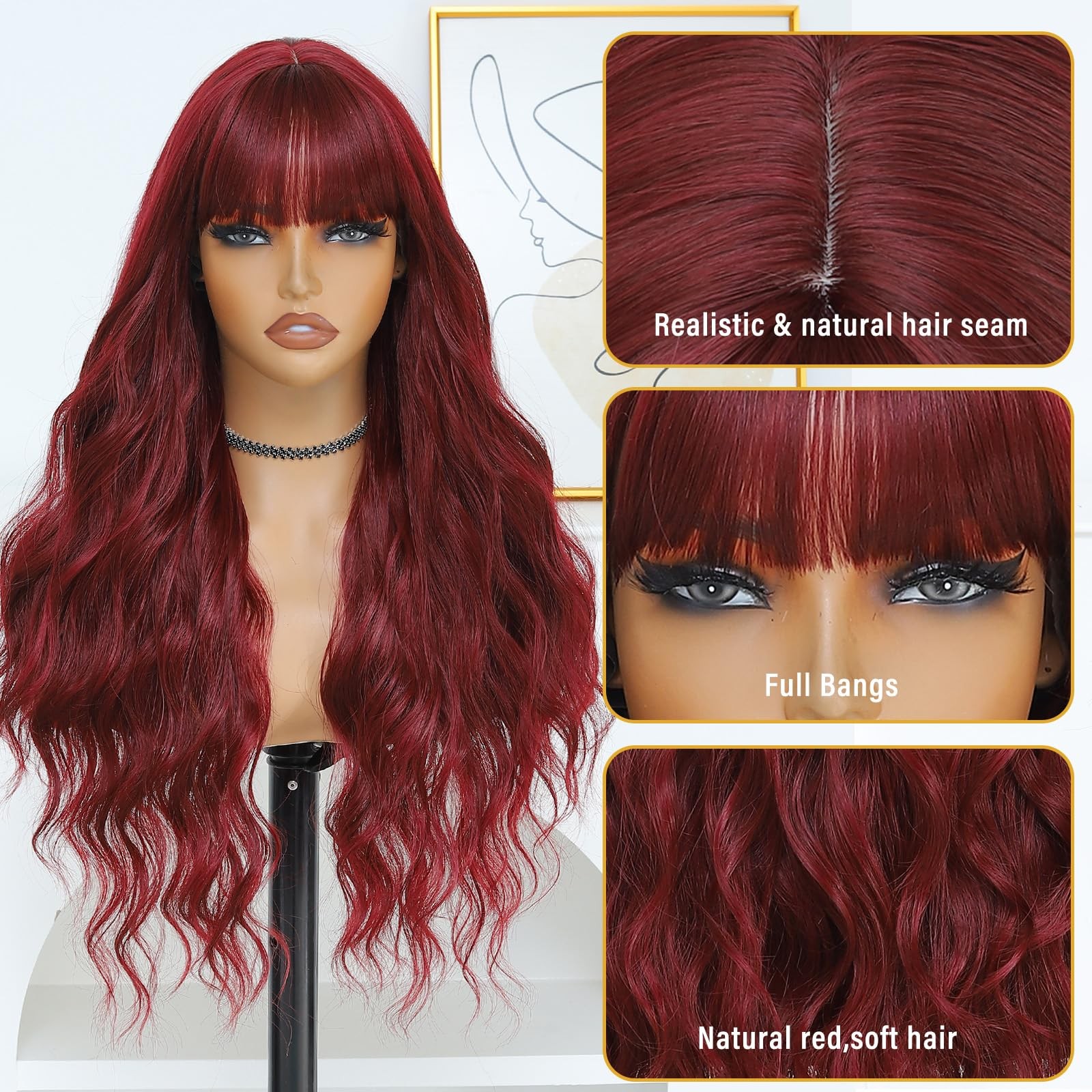 Burgundy Wig for Women, Long Red Wavy Wig with Bangs 26 Inch Wigs Natural Loo…