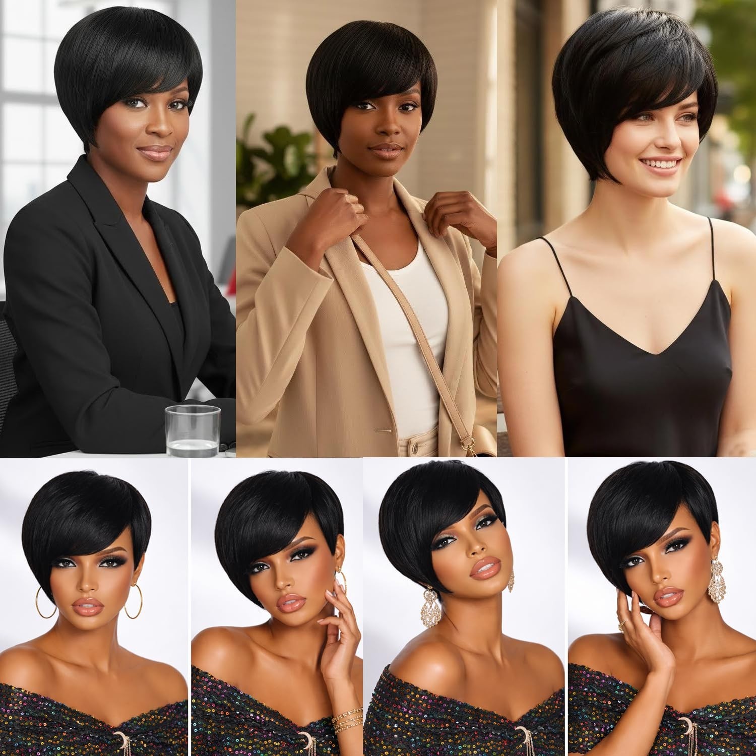 Short Pixie Cut Wig Human Hair Natural Black Glueless Full Machine Made 6 Inch