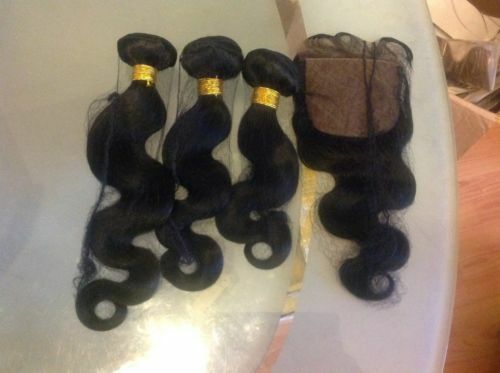 BRAZILIAN VIRGIN HAIR JET BLACK COLOR 1# BODY WAVE 12+14+16&10 SILK BASE CLOSURE