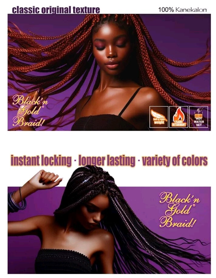 (4 MULTI PACK) BLACK’ N GOLD BRAIDING HAIR 100% KANEKALON HAIR EXTENSION SOFT