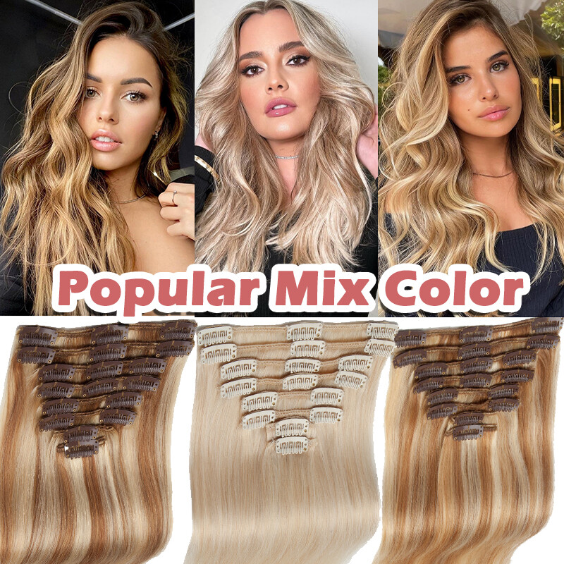 Double Weft Thick Clip in Real Human Remy Hair Extensions Balayage Full Head