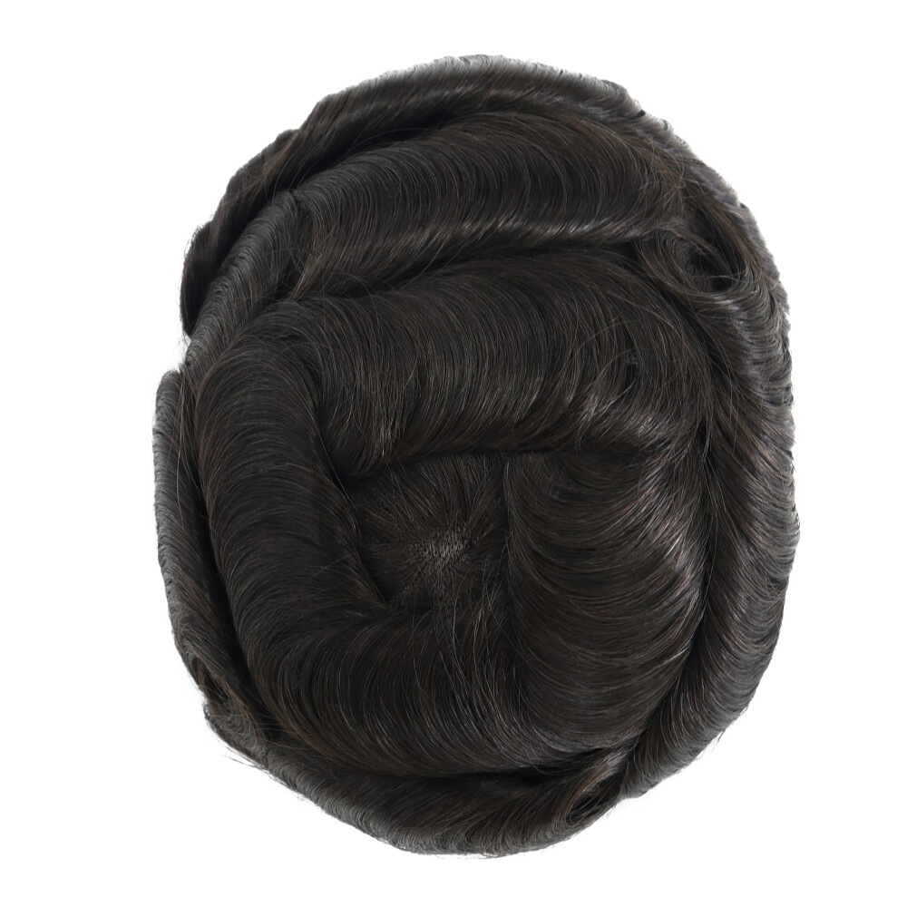 Mens Human Hair Fine Mono Replacement System Hairpiec Poly Skin Toupee 8×11