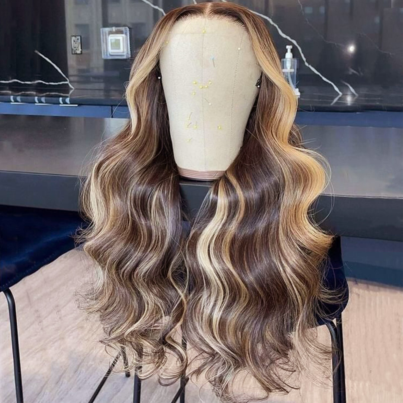 Ombre Brown Blonde Synthetic Lace Wigs Long Wavy Highlights Hair Heat Resistant