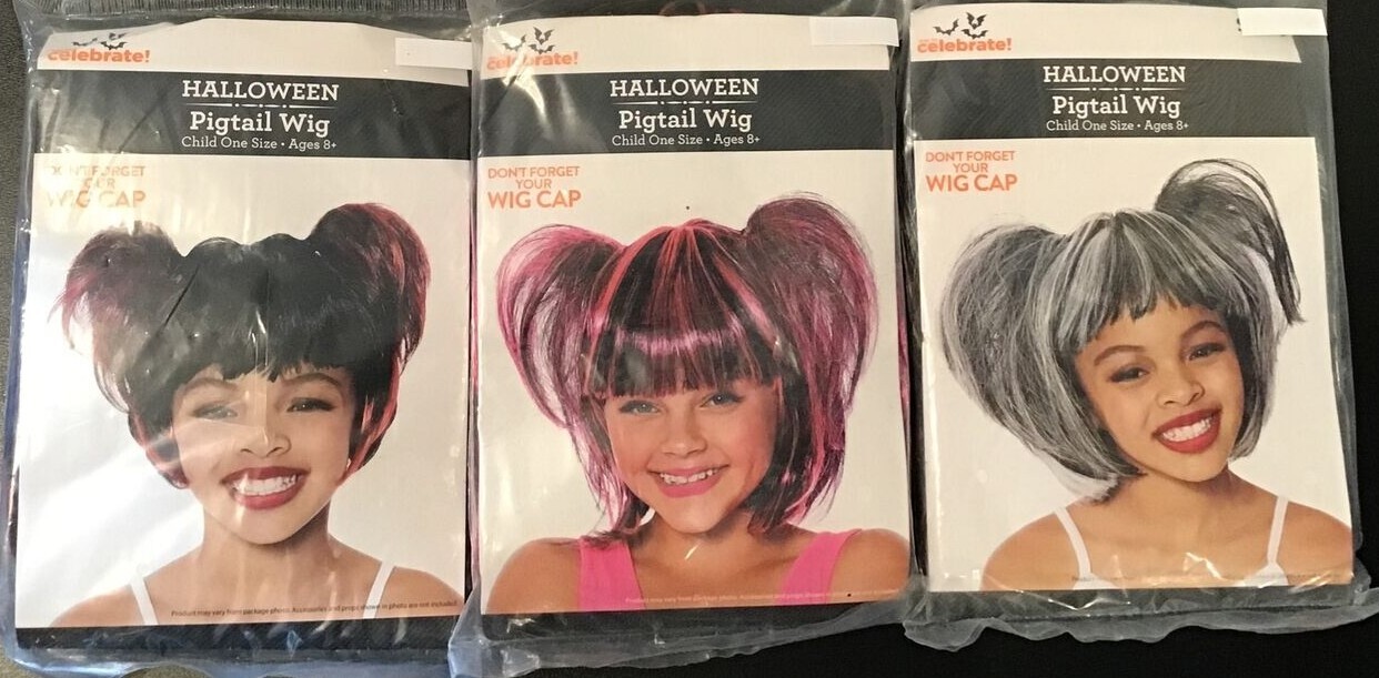 Childs One Size Pigtail Wig Halloween Costume Black with Red, White, or Pink