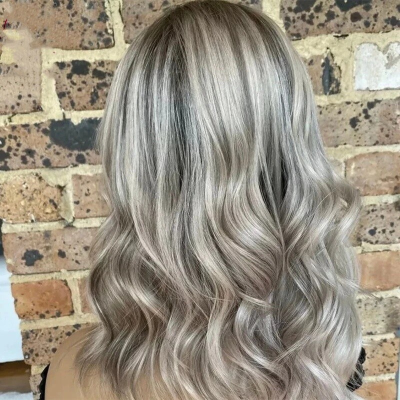 Human Hair Lace Front Wig Ash Blonde with Light Grey Highlights 13×4 Lace Front