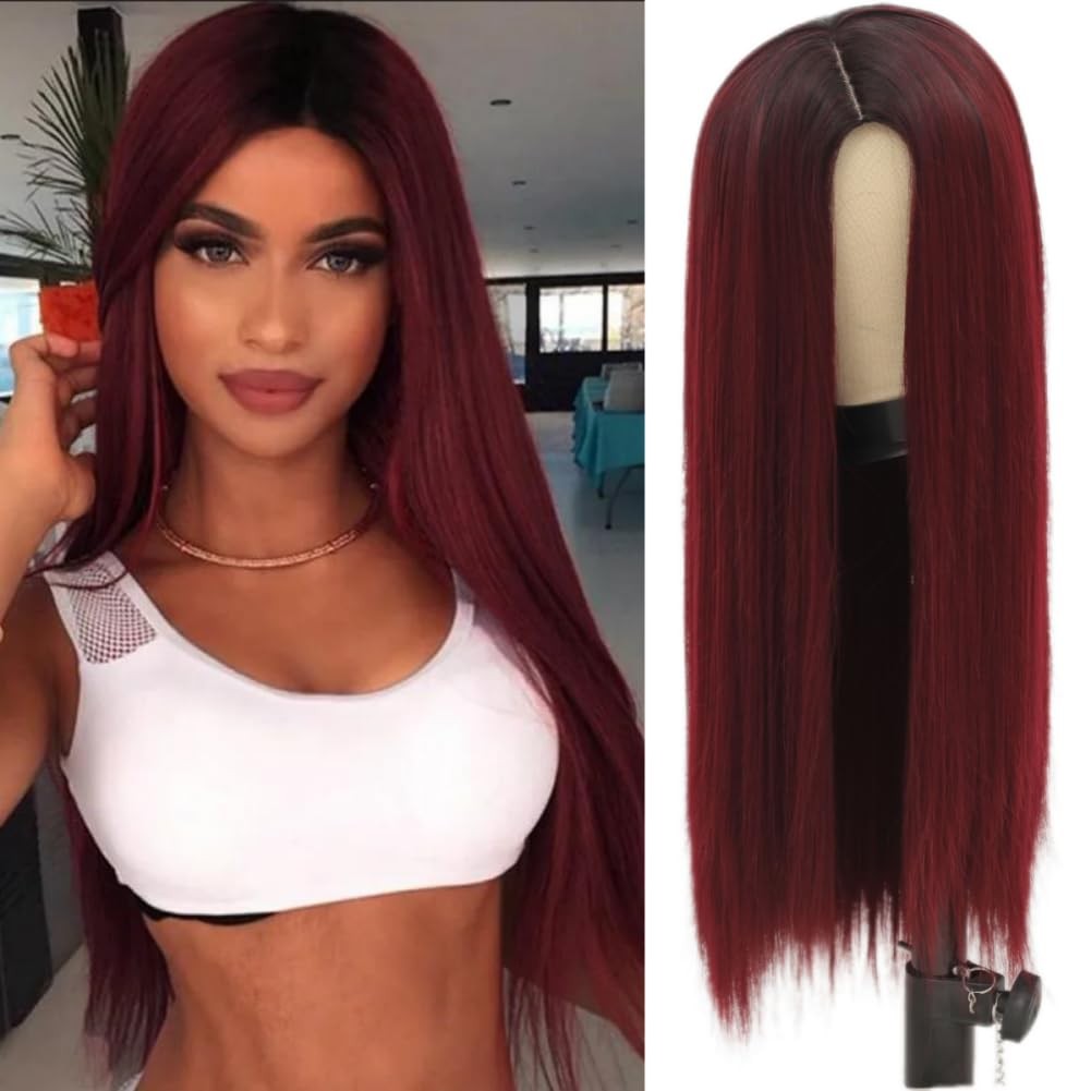 Red Long Straight Wigs for Women Dark Roots Burgundy Wig Halloween Daily Synt…