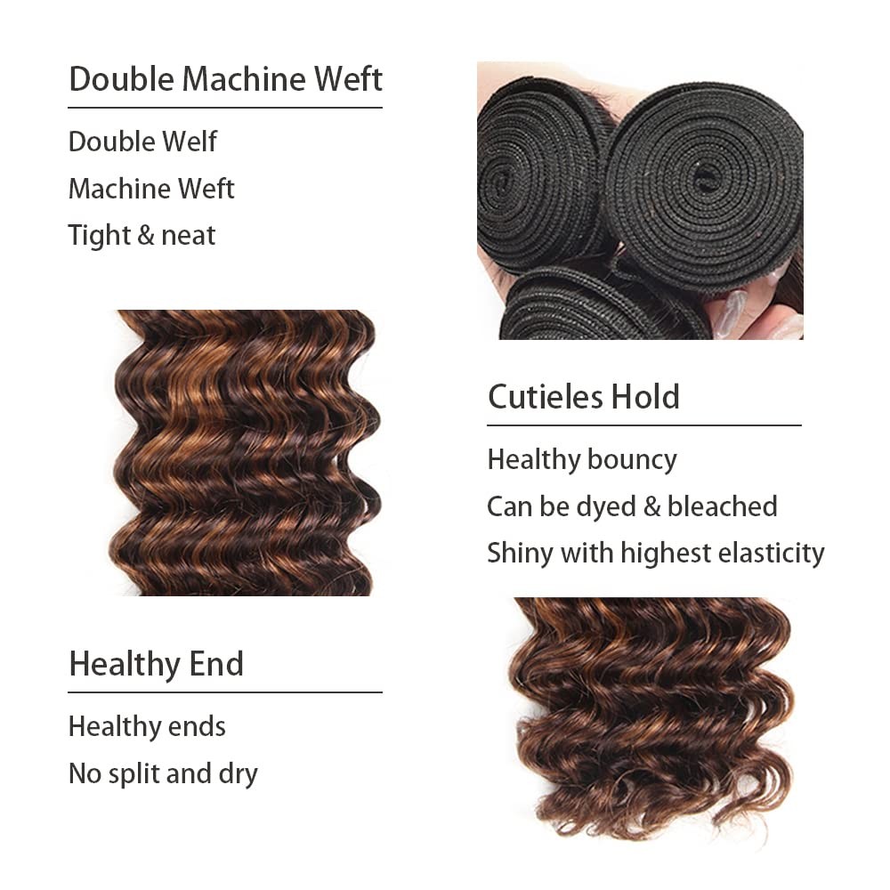 Auokmar P430 Deep Wave Human Hair Bundles 26 28 30 Inch – Highlight Brown 8A