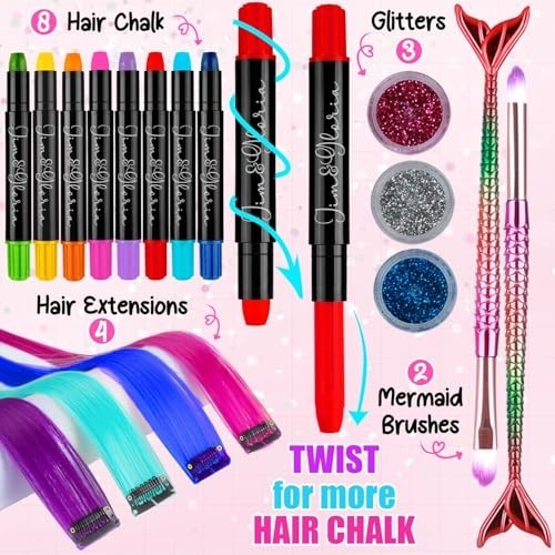 Washable Dustless Hair Chalk Set with Clip-in Extensions, Brushes & Glitter – Te