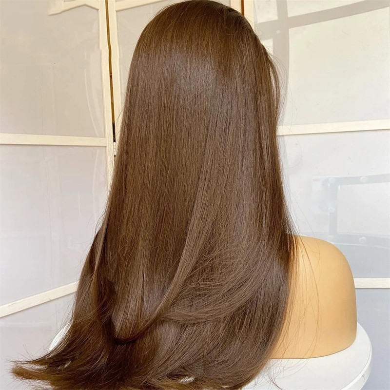 Layered Brown Lace Front Wig Long Straight Women Synthetic Hair Heat Resistant