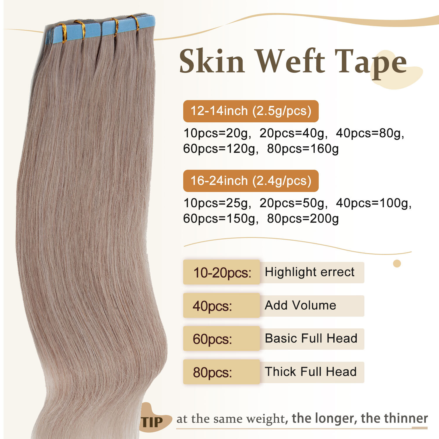 10/20/40/60PCS Tape In Real Remy Human Hair Extensions THICK Full Head Skin Weft