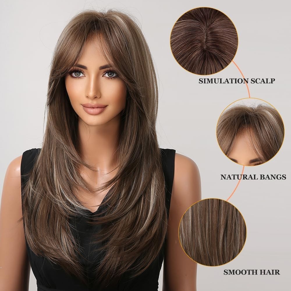Women Long Straight Mixed Brown blonde Cosplay Wig With Fringe Synthetic Hair