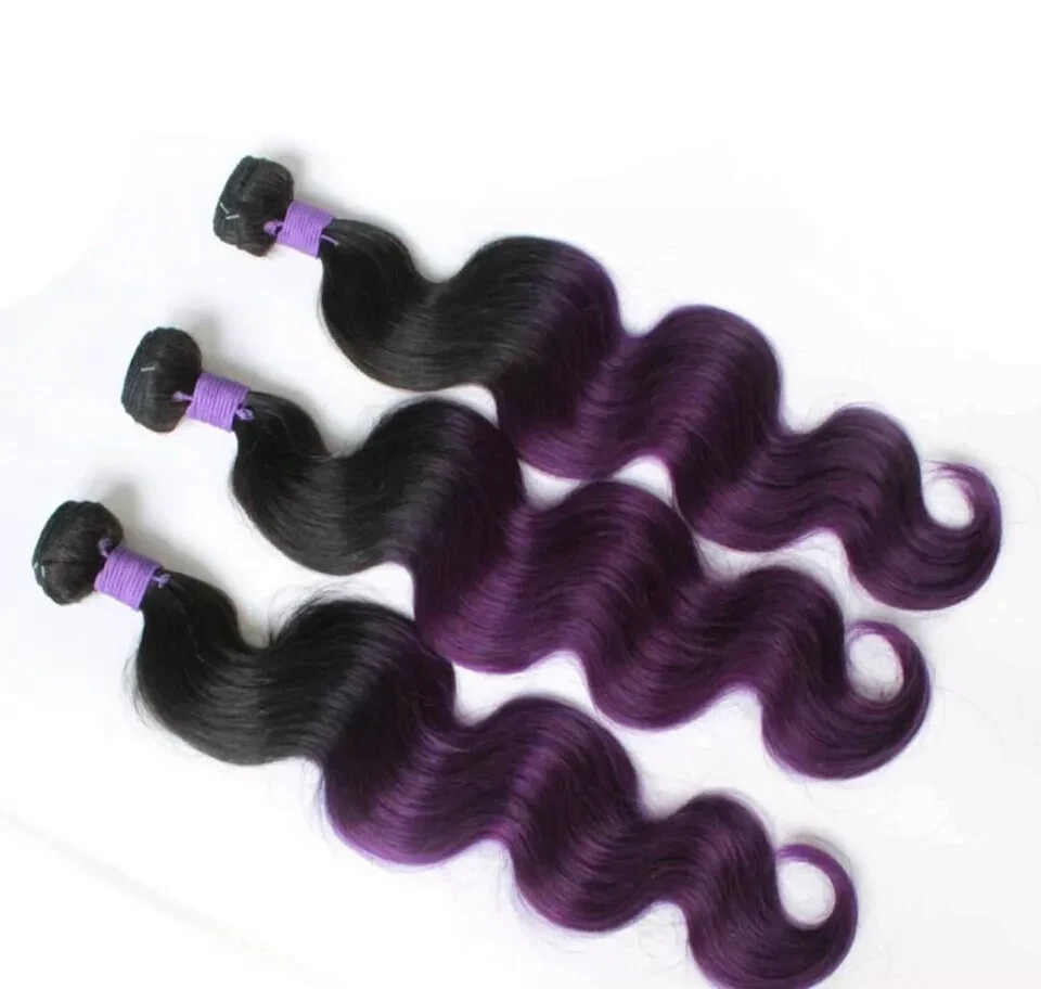 12A RAW PERUVIAN VIRGIN HUMAN HAIR 1B#/PURPLE ROOT OMBRE BODY WAVES 24+24+24INCH