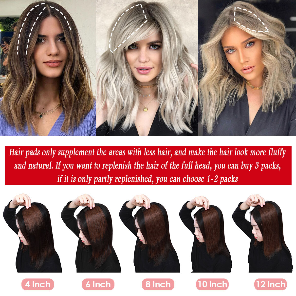 Fluffy 100% Remy Human Hair Clip In Hair Pad Extensions Mini Patches With 2Clips