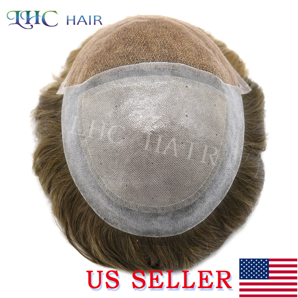 Swiss Lace Front Mens Toupee Human Hair Replacement System Lace&PU Hairpiece Wig