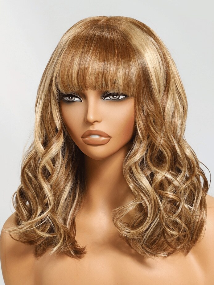 Honey Blonde Brown Highlight Wave Wigs with Bangs 100% Human Hair Wigs Glueless