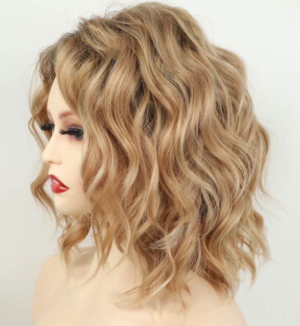 Women Messy Wavy Curly Rooted Blonde Mix Human Hair Blend Heat Ok Wigs Women