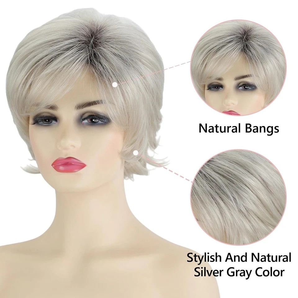 Short Pixie Cut Ombre Silver Grey Curly Wigs for White Women Fluffy Layered