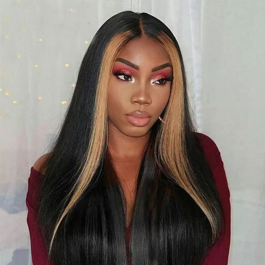 Blonde Skunk Stripe Highlight Long Straight Black Wigs Lace Front Wigs Glueless