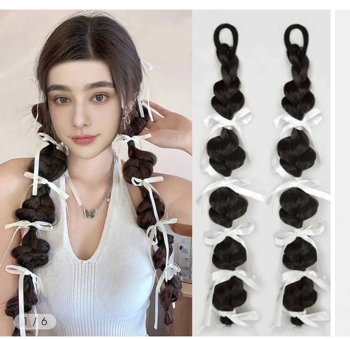 1 pair Extension Hair Pony Tail Hair white Ribbon