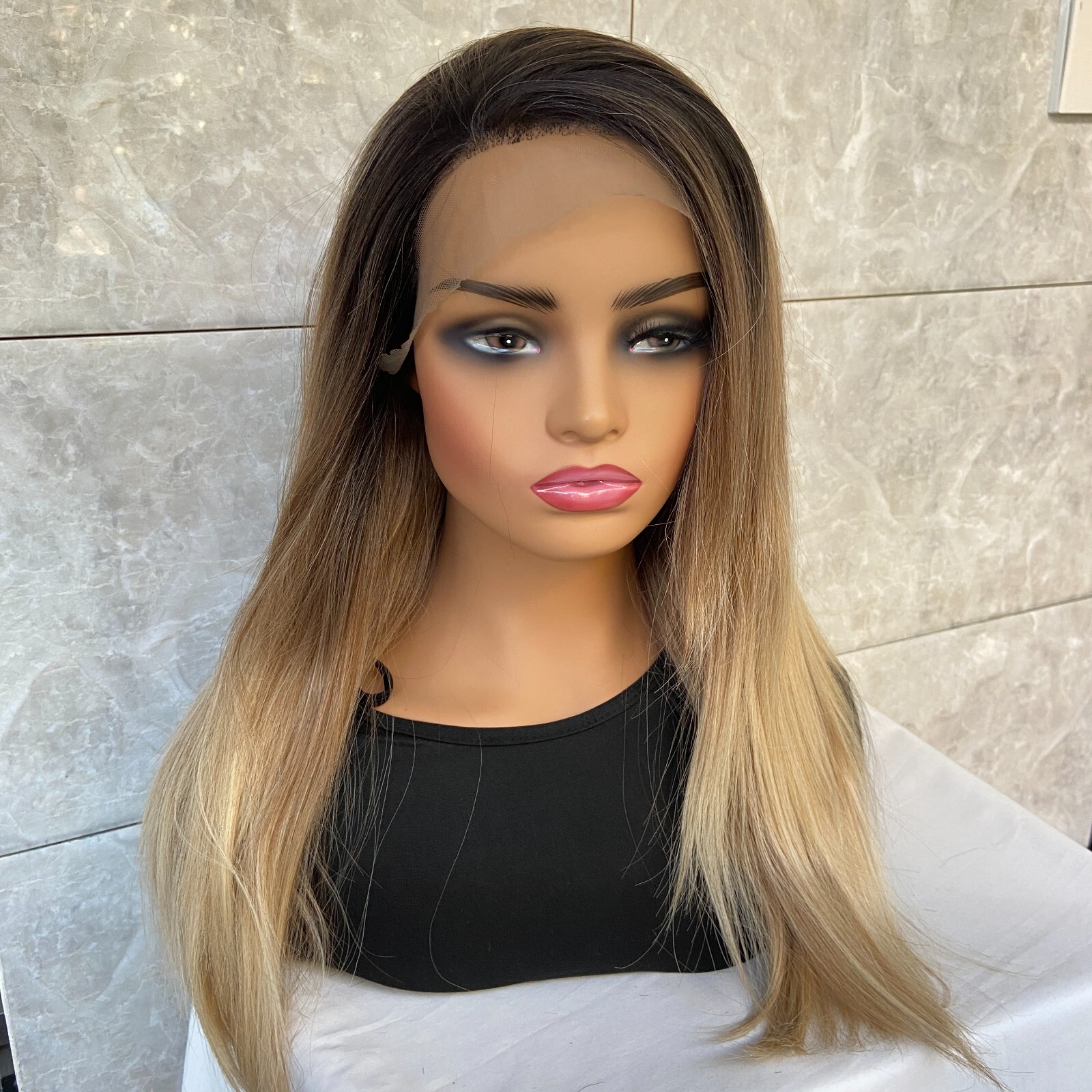 Long Straight Rooted Blonde Mix Lace Front Human Hair Blend Heat Ok Wigs Women