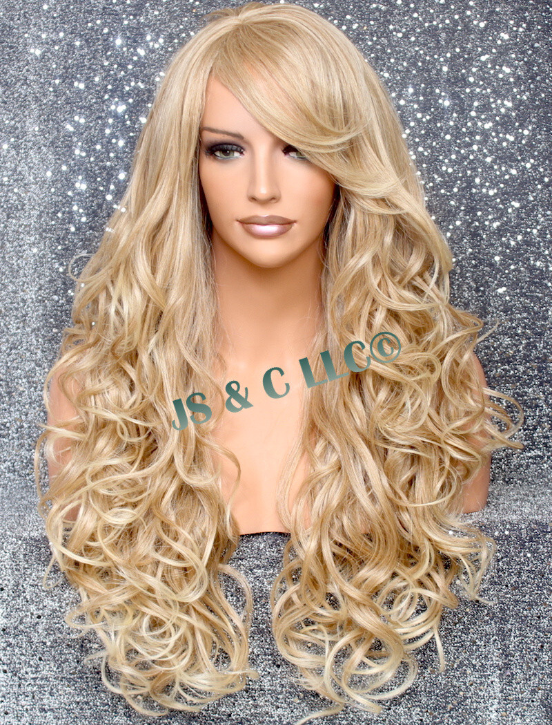 Human Hair Blend Wig Heat OK Curly Long Blonde mix Bangs Layered 27-613 NWT WBBT
