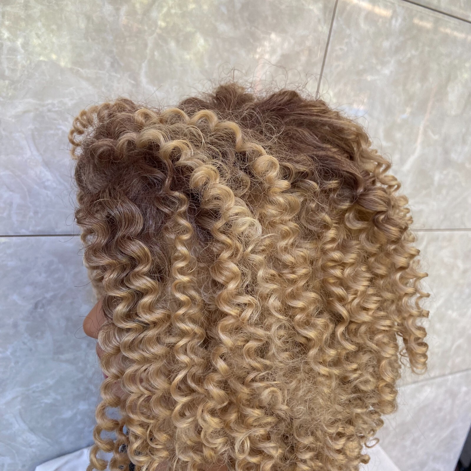 Short Kinky Curly Rooted Blonde Mix Human Hair Blend Heat Ok Wigs Women Soft