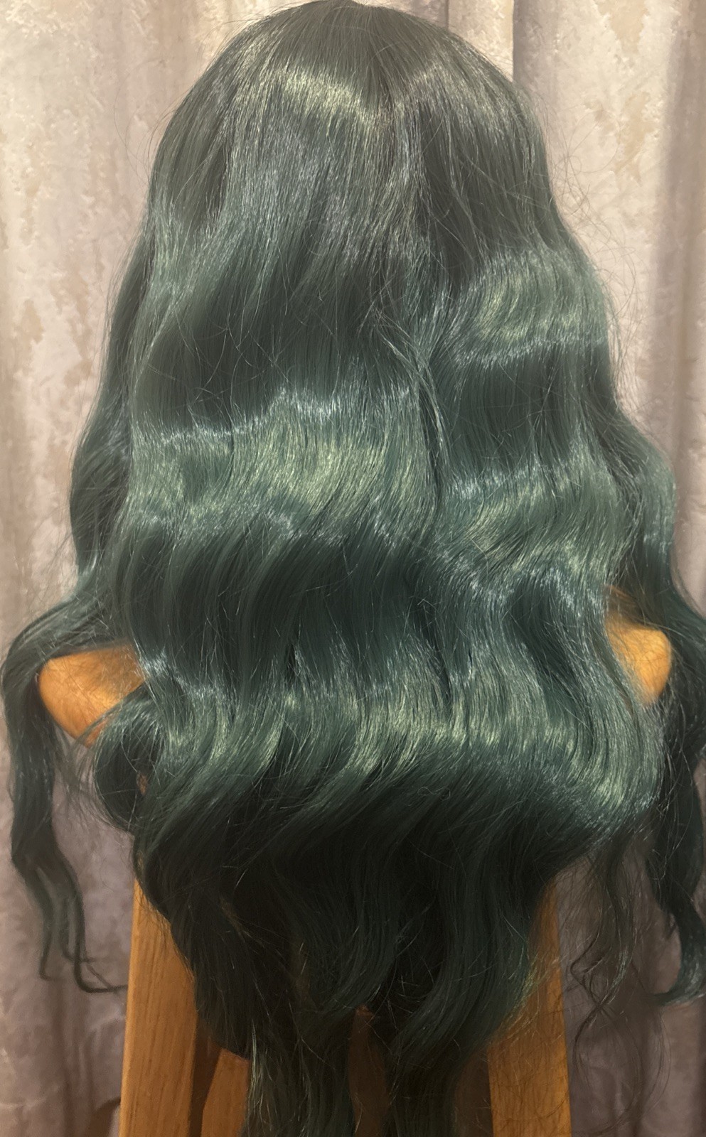Wig Curly Wavy Blue Green Black with Bangs 26 Inch Layered