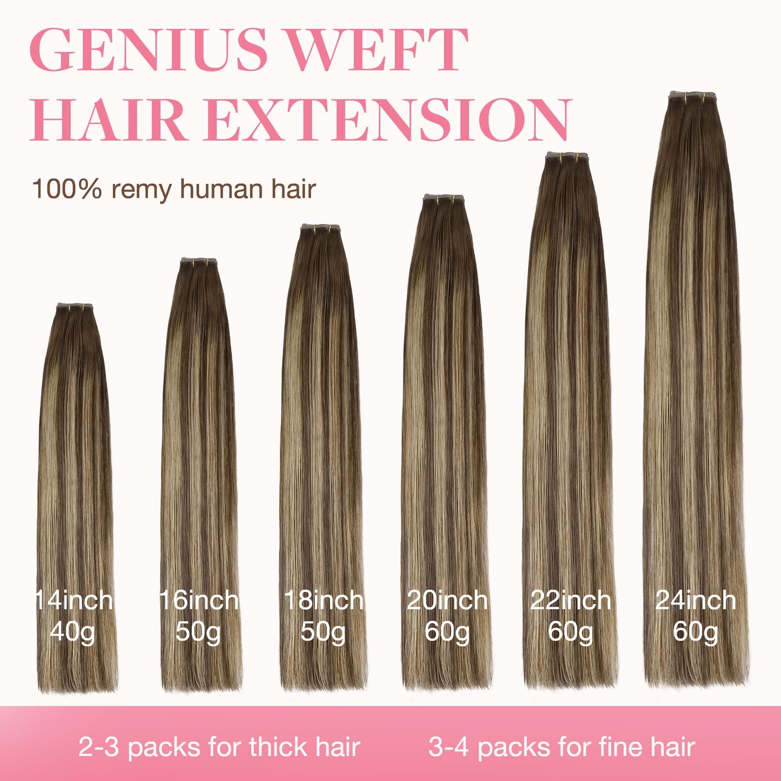 Genius Sew In Remy Weft Hair Extensions, 4/26/4 Balayage Chocolate Brown to H…