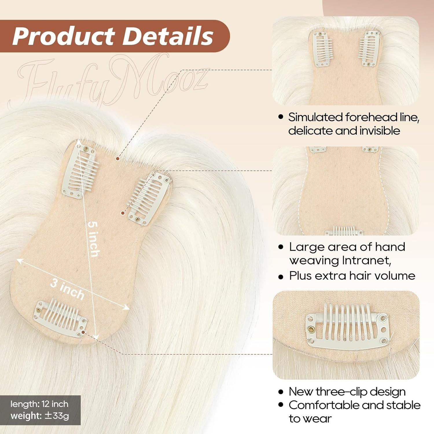 White Blonde 100% Human Hair 12in Women Hair Topper