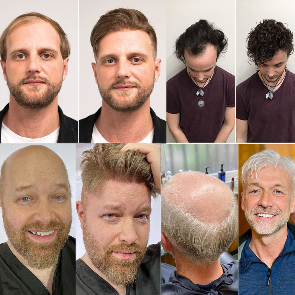 Men Toupee Human Hair Replacement System V-loop Super Thin Skin PU Hairpiece Wig