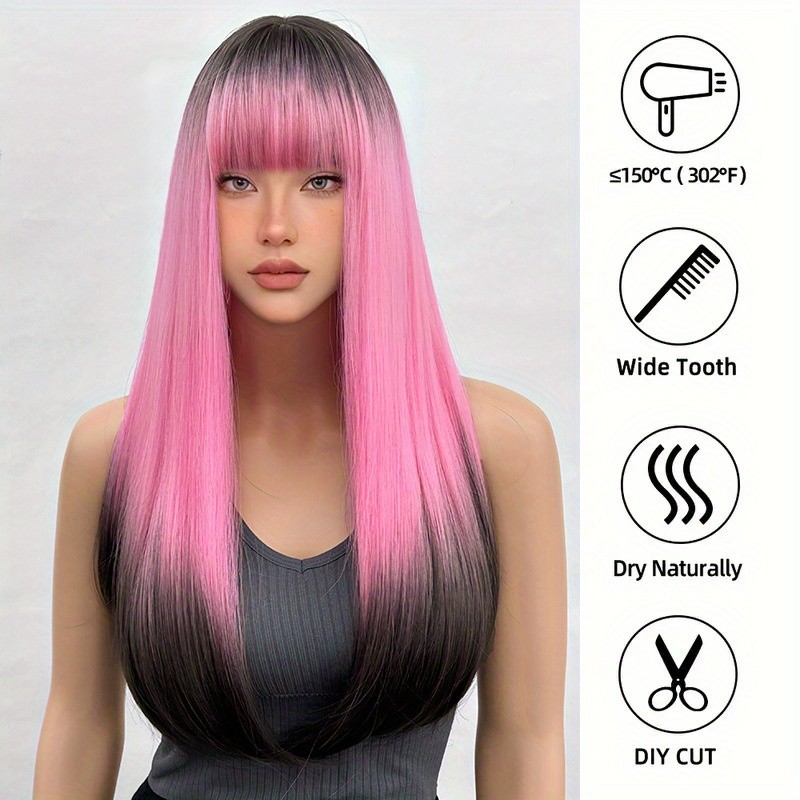 Pink Ombre Long Straight Wig with Bangs Anime Hair Women Cosplay Party Halloween