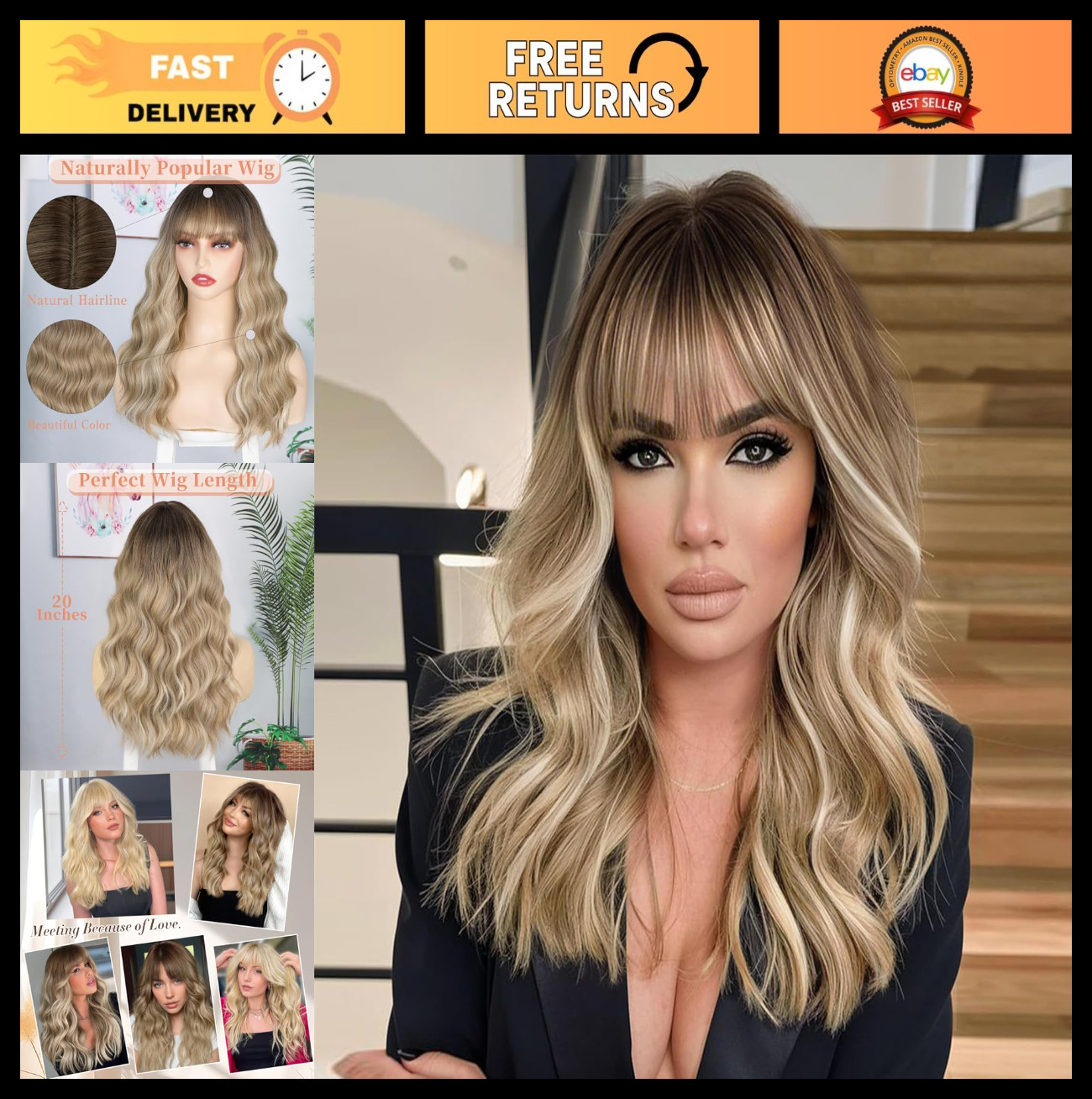 Blonde Wig with Bangs – 20″ Long Wavy Curly Heat Resistant Synthetic Hair for Pa