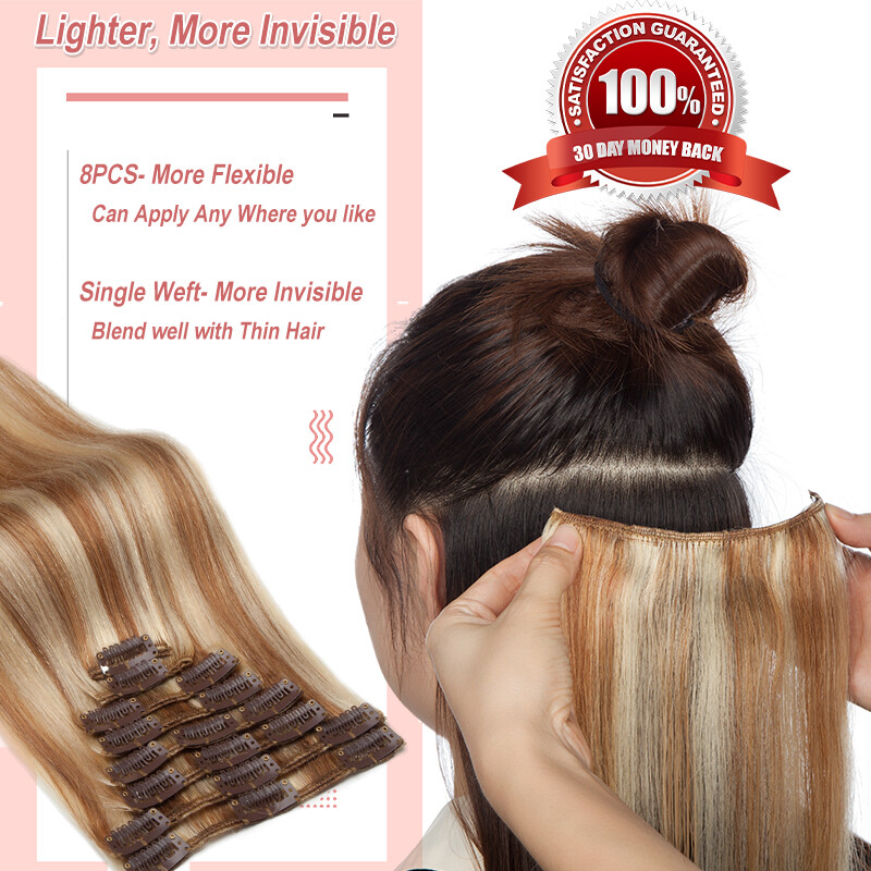 Balayage Clip In Real Human Hair Extensions Blonde Hairpiece Medium 8 10 12 14in