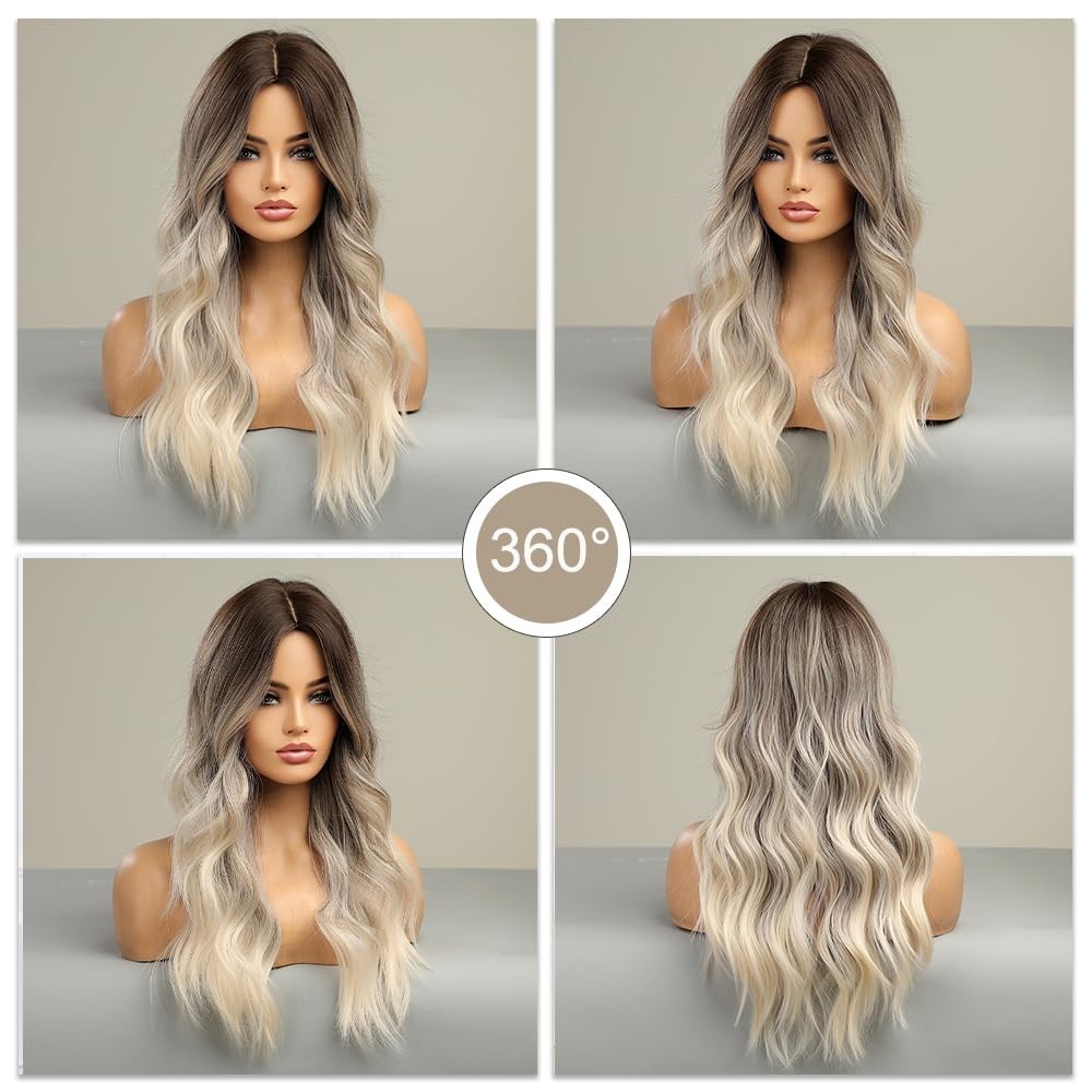 Elegant Long Ombre Wig for Women – 24-Inch Brown to Blonde Heat Resistant Style