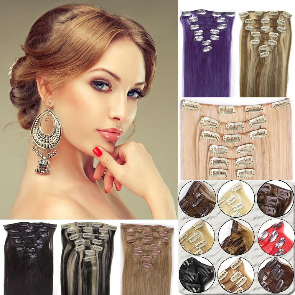 Double Weft Clip In Real Remy Human Hair Extensions Full Head Thick for Women